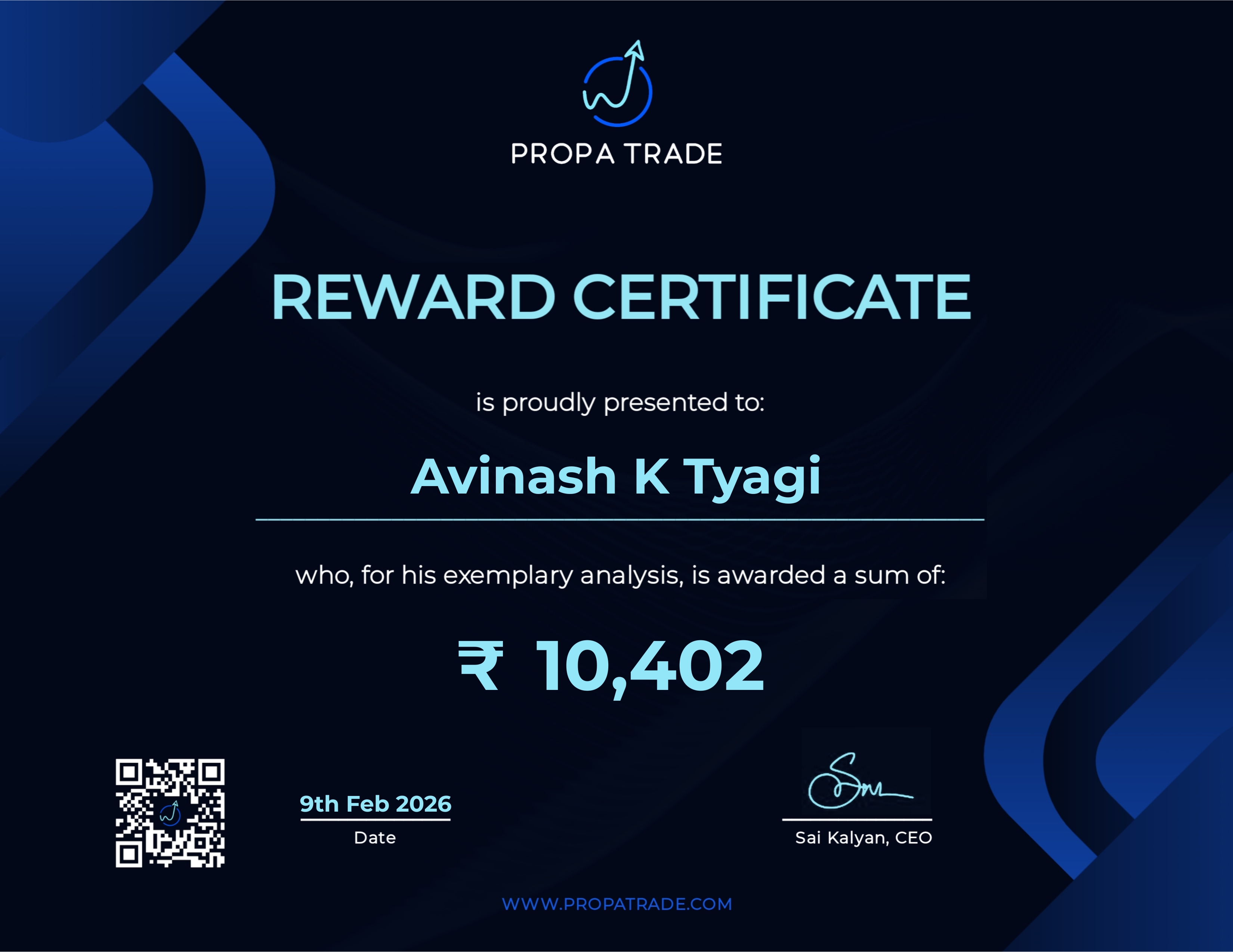 Reward Certificate - Avinash K Tyagi